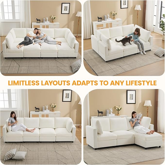 116'' 4-Seater Modular Sectional Cloud Sofa with Ottoman, Convertible L-Shaped Couch for Living Room, Modern Deep Seat Modular Sofa, Chenille Beige