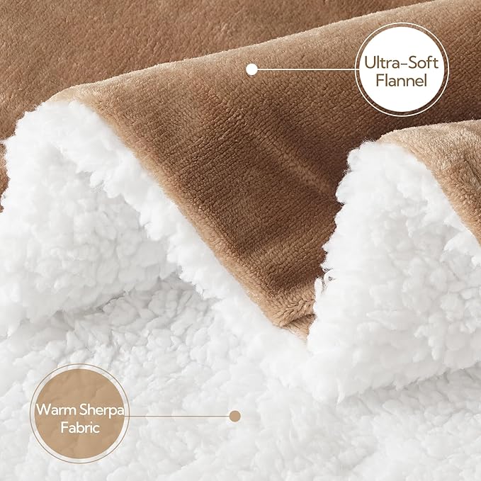 Electric Heated Blanket Throw 50"x60" - Soft Cozy Flannel & Sherpa Fabric Dual-Sided, 9 Heat Settings & 2-10 Hours Auto Off, Warming Heated Throw for Home Office, Machine Washable, Brown