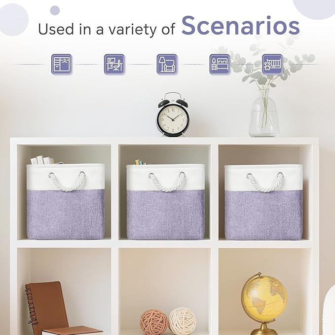 Large 11x11 Inch Cube Storage Bins with Cotton Handles for Closet, Shelves, Clothes, Towel (White/Purple-6 Pack)