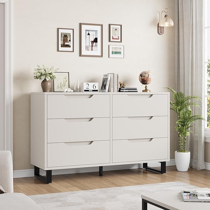 GarveeHome 6 Dresser for Bedroom, 47.2 in Wide Dresser, Freestanding Vertical Drawer Cabinet with Storage, Wooden Closet Storage Chest for Living Room, Hallway, Entryway, White