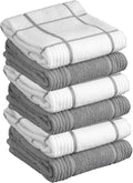 T-Fal Solid & Checked Parquet Kitchen Towels: Highly Absorbent, Super Soft Long Lasting - 100% Cotton, 16"x26" Dish Towels for Cleaning & Drying Dishes, Pans, Glassware, Countertops, 6-Pack, Gray