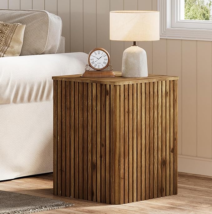 Solid Wood Square End Table with Storage, Fluted Side Table for Living Room, Mid-Century Modern Bedside Nightstand with Removable Lid for Bedroom, Small Spaces (1 PC, Rustic Brown)