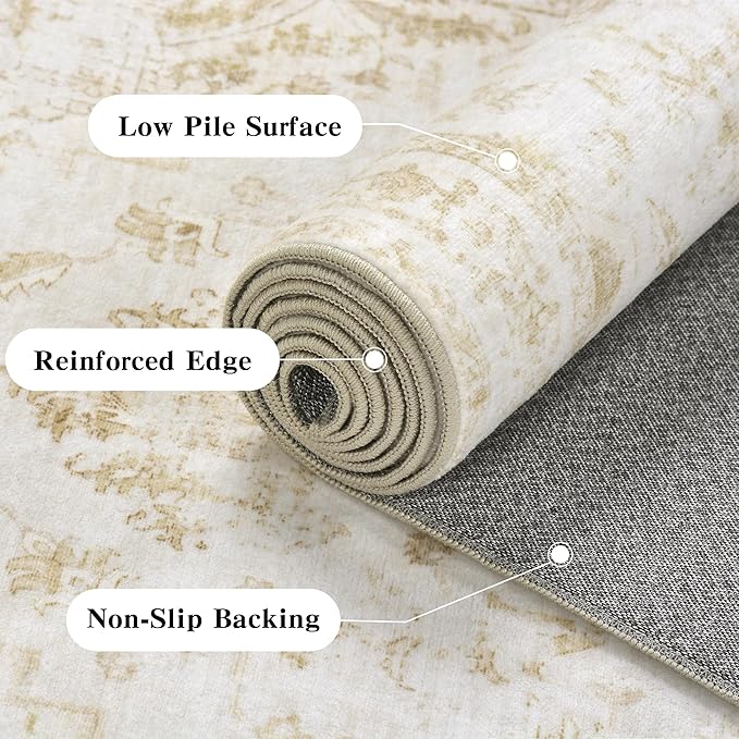 3x5 Vintage Washable Area Rugs Boho Medallion Large Distressed Retro Accent Carpet Floral Non-Slip Soft Low Pile Indoor Throw Rug for Living Room Bedroom Dining Room Office Kitchen, Beige