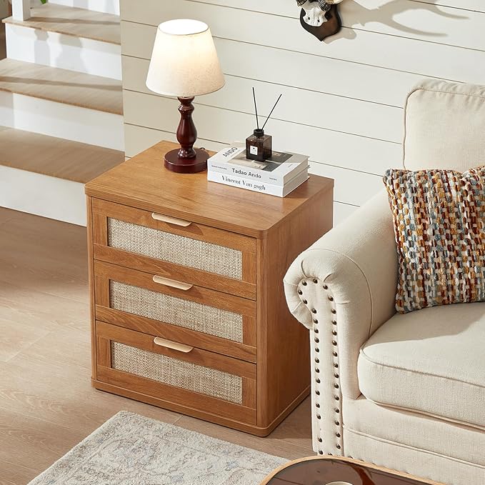 LEYAOYAO Rattan Dresser and Nightstand Sets 3, Boho Wood Dresser for Bedroom with 6 Drawers and Night Stand with 3 Drawer, Bedroom Furniture, Dressers & Chests of Drawers, Living Room, Hallway