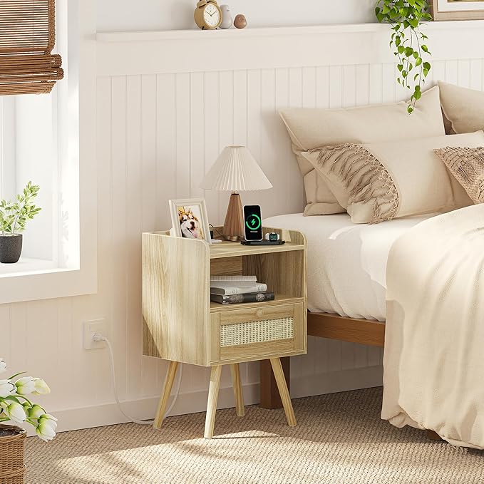SUPERJARE Nightstand with Charging Station & Rattan-Like Decor Drawer, Rattan End Table with Solid Wood Feet, Bed Side Table with Open Storage, for Bedroom, Living Room, Dormitory - Natural