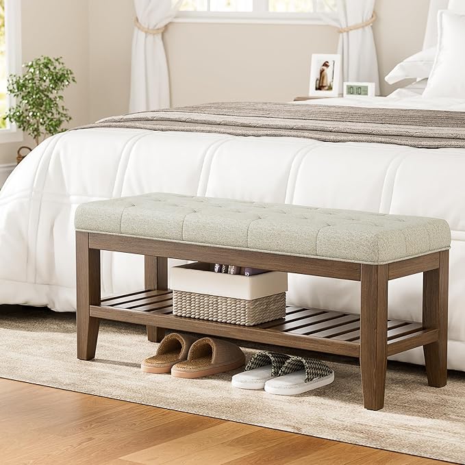 End of Bed Storage Bench, 42.9" Entryway Shoe Bench with Solid Wood Shelf, Upholstered Ottoman with Padded Seat for Bedroom, Hallway and Living Room, Beige