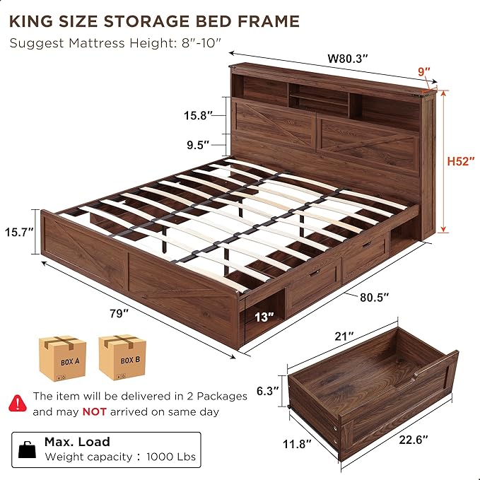 ACCOHOHO Farmhouse King Size Bed Frame with 52" High Storage Bookcase Headboard and 4 Drawers,Wooden Bed Frame with LED Light and Charging Station,Brown