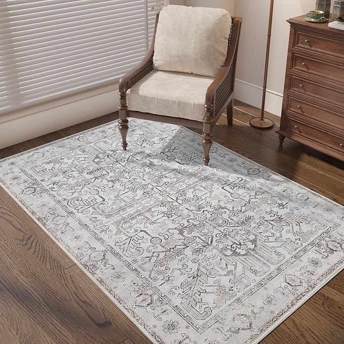 jinchan Lima Vintage Area Rug 3x5 for Entryway - Machine Washable Stain Resistant Non-Slip Low Pile Ultra-Thin Floral Print Indoor Rug for Kitchen Bedroom Living Room (3x5ft, Taupe)