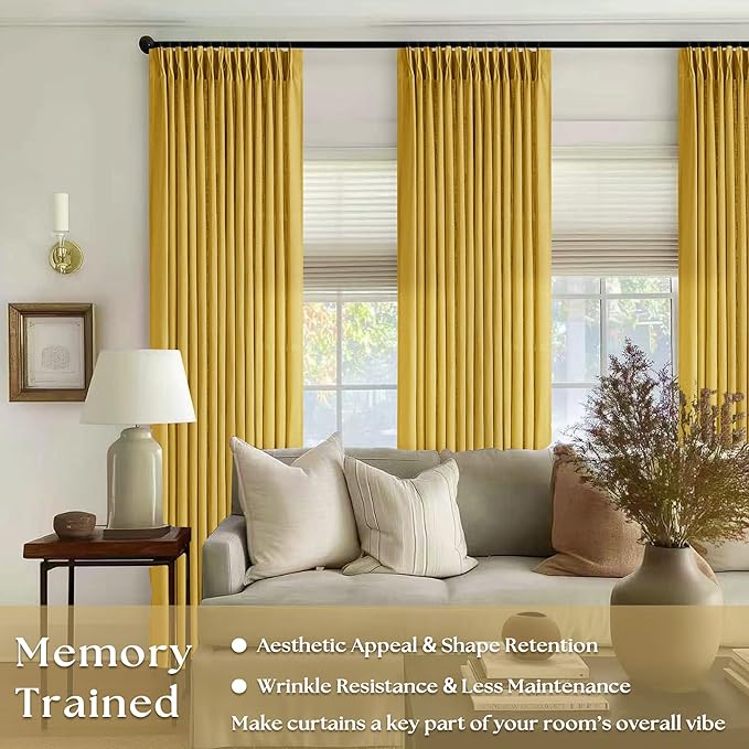Pinch Pleated Mustard Yellow Linen Curtains 84 Inches Long 2 Panels Set for Living Room Dining Pinch Pleat Back Tab Light Filtering Farmhouse Boho Retro Window Curtain Drapes Gold Yellow Spring Decor