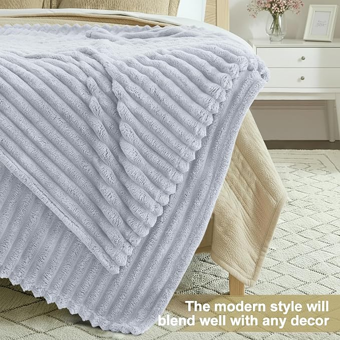 decorUhome Christmas Soft Fleece Light Grey Twin Blanket for Bed, Cozy Fluffy Plush Flannel Striped Throws for Couch Sofa, Lightweight Decorative Ribbed Fuzzy Blanket for Woman, 60x80 Inches