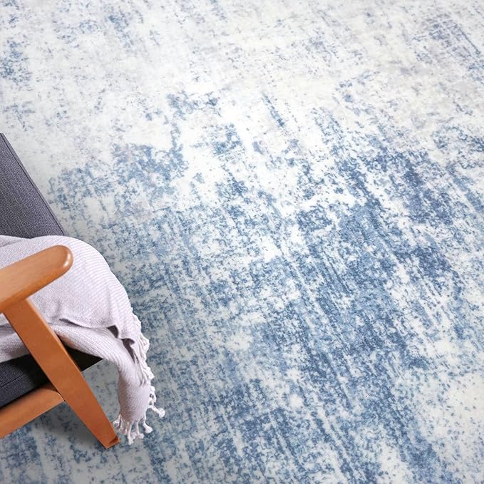 IOHOUZE Abstract Area Rugs 8x10 Ft Washable Large Rugs for Living Room, Non Slip Dining Room Rug, Printed Faux Wool Rugs for Bedroom, Floor Carpet for Office Nursery Playroom, Light Blue White