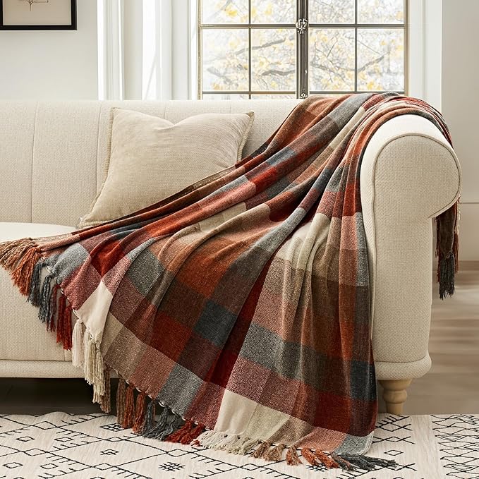 EVERGRACE Plaid Chenille Throw Blanket for Couch, Super Soft Cozy Decorative Fall Throw Blanket with Tassels for Bed Sofa Gift, Lightweight Harvest Plaid Throw Blanket for Autumn 60"x80"