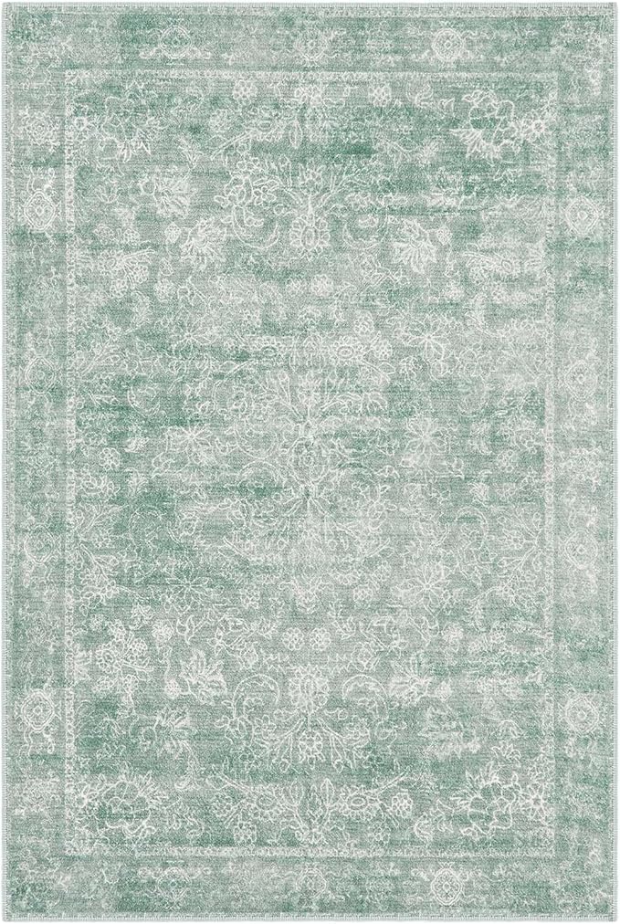 jinchan 6x9 Machine Washable Area Rugs for Living Room – Vintage Floral Soft Stain Resistant Low Pile Rug, Non Slip Ultra-Thin Carpet for Bedroom, Dining Room, Home Office, Nursery (6'x9', Green)