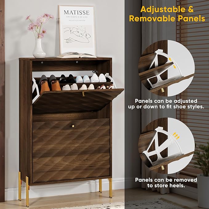 Smuxee Walnut Shoe Cabinet with 2 Flip Drawers, 23.6" Hidden Shoe Storage Cabinet with Golden Metal Feet, Freestanding Shoe Organizer Cabinet for Entryway, Hallway, Living Room