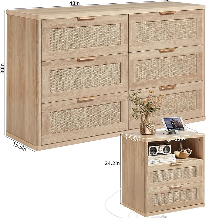 LEYAOYAO Rattan Dresser and Nightstand Sets 3 Piece, Boho Wood Dresser for Bedroom with 6 Drawers and Night Stand with Charging Station, Bedroom Furniture, Dressers & Chests of Drawers, Living Room