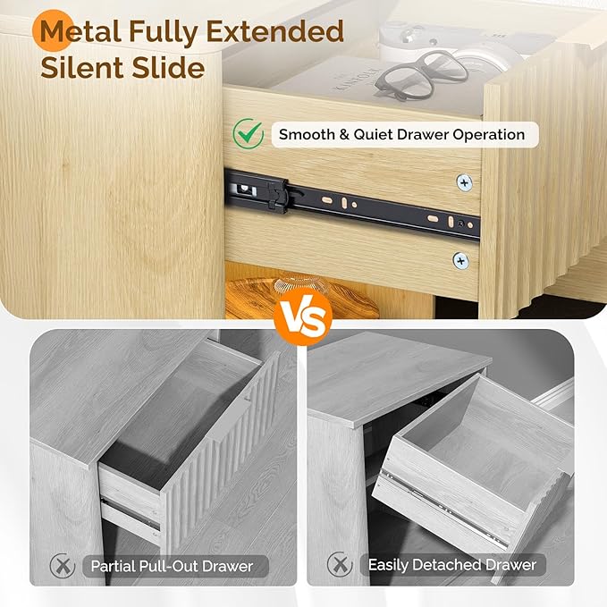 VINGLI Nightstands Set of 2 with Charging Station, LED Nightstand Fluted with Rounded Edge, 19"W Mid Century Modern Nightstand for Bedroom, Fluted Bed Side Table, Oak Night Stand, 18.9"W*15"D*22.4"H