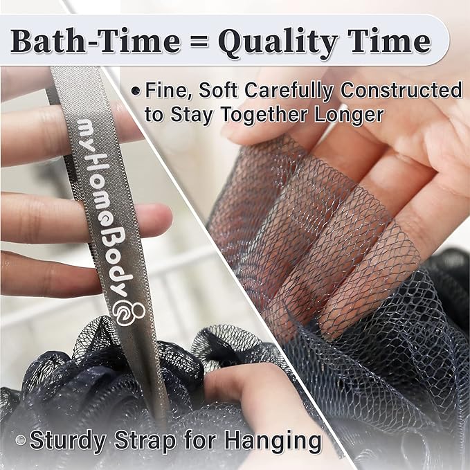 myHomeBody Large 70g Loofah Sponge, Body Scrubber, Bath Sponge, Loofah for Women, Men, Exfoliating Sponge Shower Pouf with Activated Charcoal - 2 Fog Gray + 1 Midnight Blue, 3 Pack
