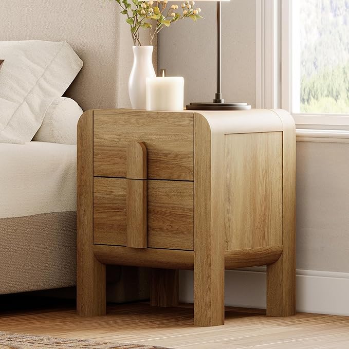 WAMPAT 23.7" Tall Modern Nightstands Set of 2, Wood Nightstand with Charging Station, Bedside Table w/2 Storage Drawers, Curved Profile Design, Sofa Side Table Accent Table for Bedroom, Light Walnut