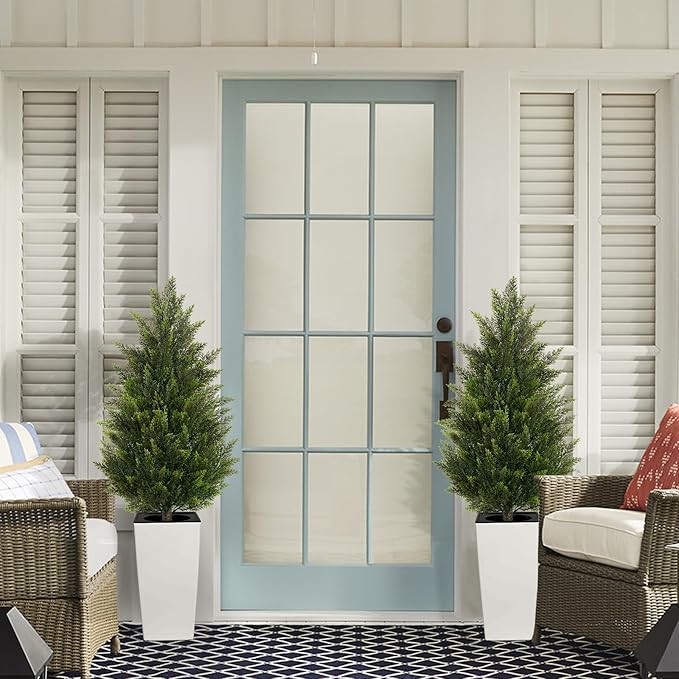 4FT Tall 2 Set Artificial Topiary Cedar Tree, Indoor Realistic Faux Cypress Plants with Square Flowerpot, Outdoor Evergreen Fake Shrubs for Home Living Room Front Porch Decor
