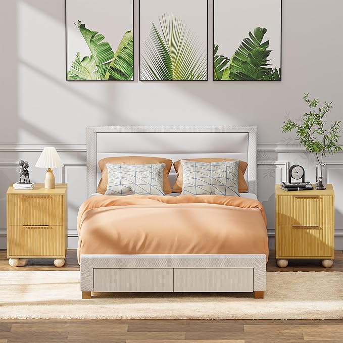 Fluted Nightstand, Natural Oak Finish Bedside Table with Spacious Storage Drawers, Night Stand with Solid Wood Round Legs for Bedroom, End Table, Side Table