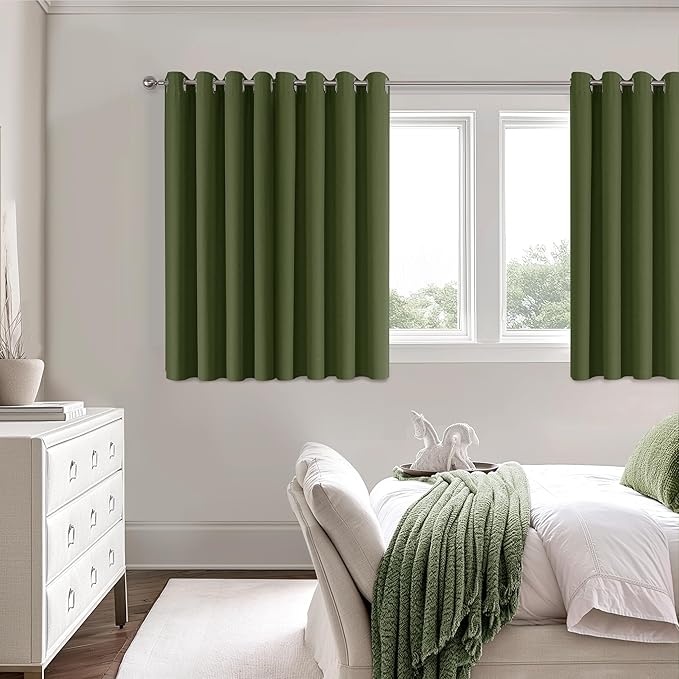 ChrisDowa 100% Blackout Olive Green Solid Curtains 45 Inches Long 2 Panels for Bedroom Living Room,Farmhouse Room Darkening Thermal Insulated Soundproof Grommet Top Window Treatment Drapes,52x45