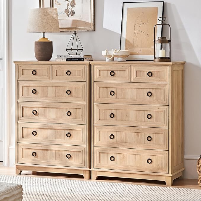 Farmhouse 6 Drawer Dresser for Bedroom Set of 2, 41" Tall Small Dressers & Chest of Drawers, Rustic Wood Dresser with Metal Handle, Storage Organizer Closet for Living Room, Hallway, Entryway