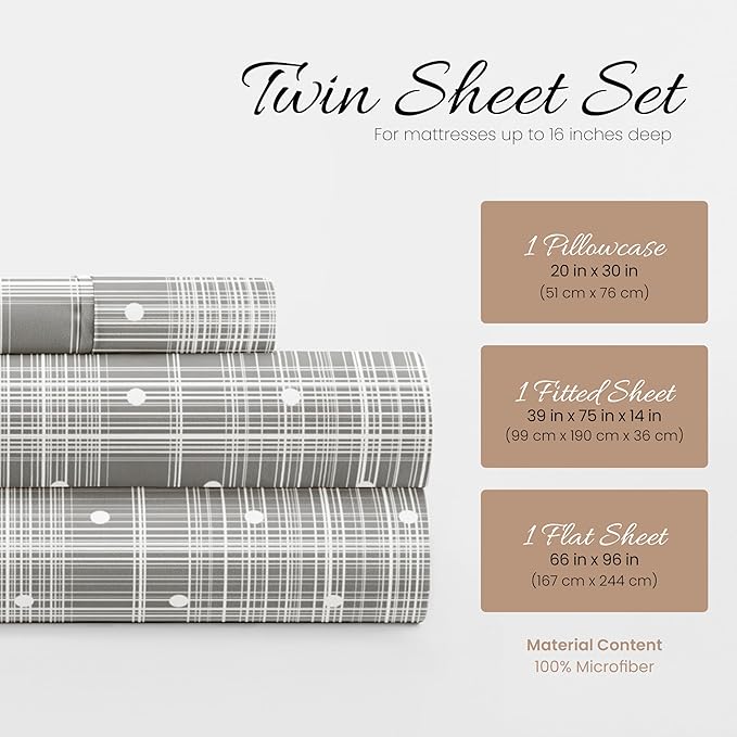 Linen Market Double-Brushed Patterned Microfiber Twin Sheet Set 3 Piece – Oeko-TEX Certified Ultra Soft & Wrinkle-Free - 16" Deep Pocket Sheets - Easy Care Twin Size - Polka Dot Gray