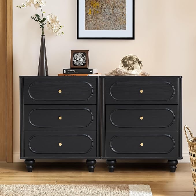 ORRD 3 Drawer Fluted Dresser for Bedroom Set of 2, Mid Century Modern Chest of Drawers, Wood Storage Small Dresser Organizer for Bedroom Living Room Hallway Closet, Black