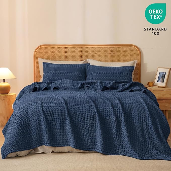 PHF 100% Cotton Waffle Weave Blanket King Size for Bed, Soft Lightweight & Breathable, All-Season Comfort, Luxury Aesthetic Woven Bedding for Home Decor, 108"x90", Blue Sapphire
