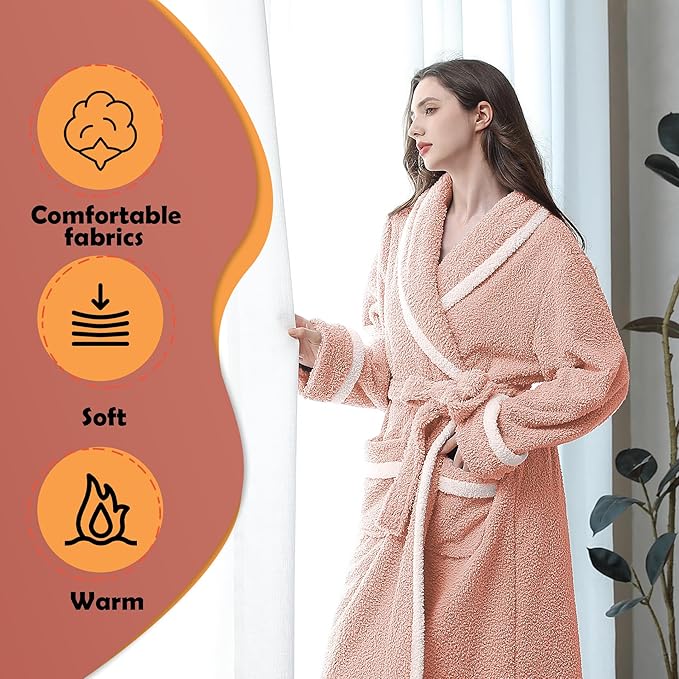 Oksun Womens Long Fleece Robe: Soft Fluffy Warm Bathrobe - Cozy Winter Housecoat Nigthgown with Chic Piping