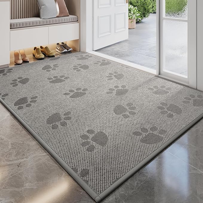 Door Mat Indoor Entrance 17"x30", 0.16" Thin Paw Print Low Pile Doormat, Non Slip Welcome Mat, Trap Dirt and Moisture, Easy Clean, Gray