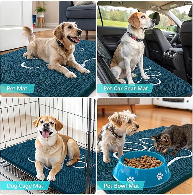 OLANLY Dog Door Mat for Muddy Paws 47x32, Paw Print Design, Absorbs Moisture and Dirt, Absorbent Non-Slip Washable Doormat, Quick Dry Chenille Mud Mat, Entry Indoor Entryway Carpet, Atlantic Blue