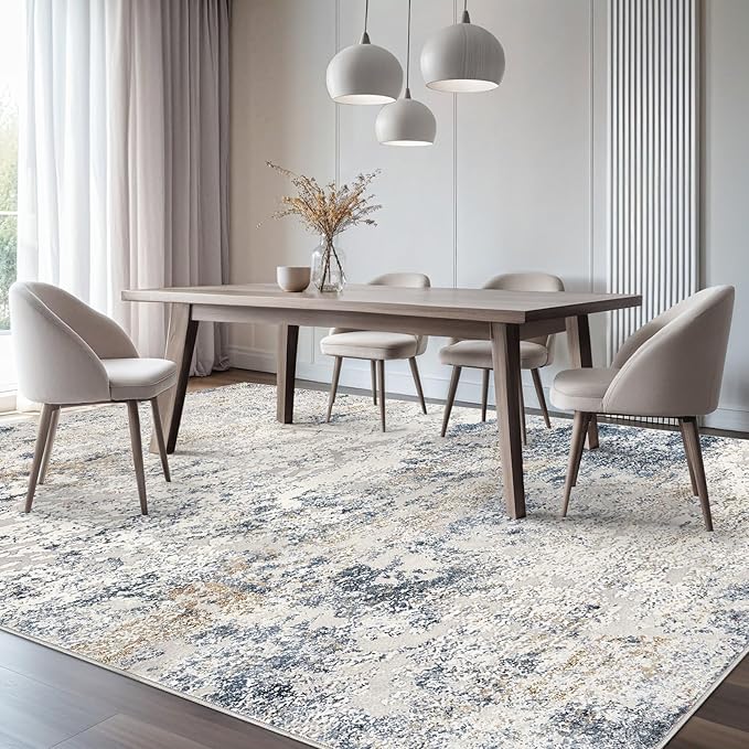 Area Rug Living Room Rugs - 9x12 Abstract Large Soft Indoor Washable Rug Neutral Modern Low Pile Carpet for Bedroom Dining Room Farmhouse Home Office - Beige Blue