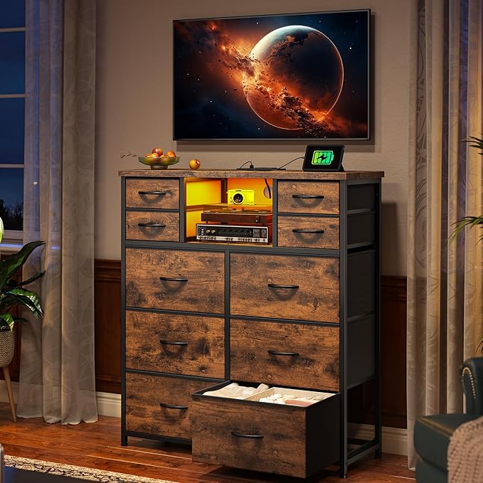 Dresser for Bedroom with 10 Drawers Featuring LED Light and Power Outlet, Fabric Dressers & Chest of Drawers with Open Shelves for Hallway, Living Room, Steel Frame,Wood Top, Rustic Brown