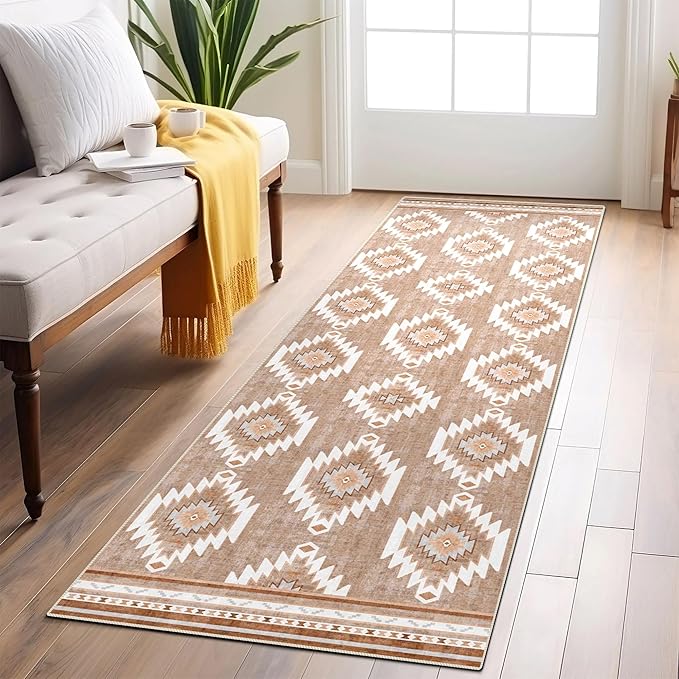 Runner Rug 2x10 Machine Washable Rug with Non-Slip Backing, Ideal for Kitchen Hallway Entryway Laundry Room - Western Style, Durable, Easy Clean, Low Pile Carpet Runner, Camel