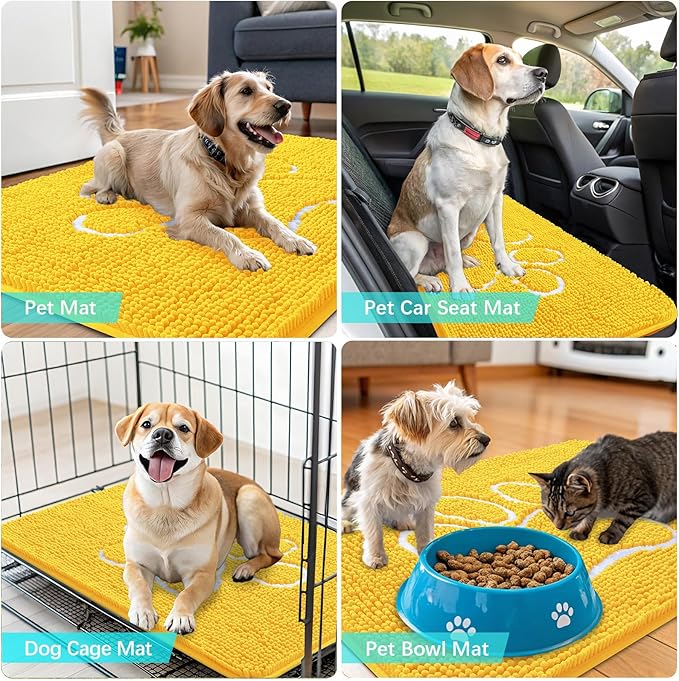 OLANLY Dog Door Mat for Muddy Paws 30x20, Paw Print Design, Absorbs Moisture and Dirt, Absorbent Non-Slip Washable Doormat, Quick Dry Chenille Mud Mat for Dogs, Entry Indoor Entryway Carpet, Yellow