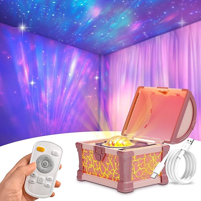 Briignite Galaxy Projector, 7 Colors Treasure Chest Night Light Aurora Lights Projector with 8 Effects & Remote, Dimmable Galaxy Light Ambient Lighting for Bedroom, Gifts for Kids Teen Women (Pink)