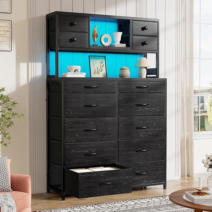 EnHomee Black Dresser with 14 Fabric Drawers, Dresser for Bedroom with Charging Station and LED Lights,Dressers & Chests of Drawers for Bedroom, Steel Frame & Wooden Top, Entryway
