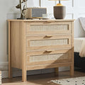 LEYAOYAO 31.5" Wide Rattan Nightstand, Large Boho 3 Drawer Night Stand, Natural Wood Bedside Table with Storage, Tall Bed Side End Tables, Chest of Drawers Dressers for Bedroom, Living Room, Hallway