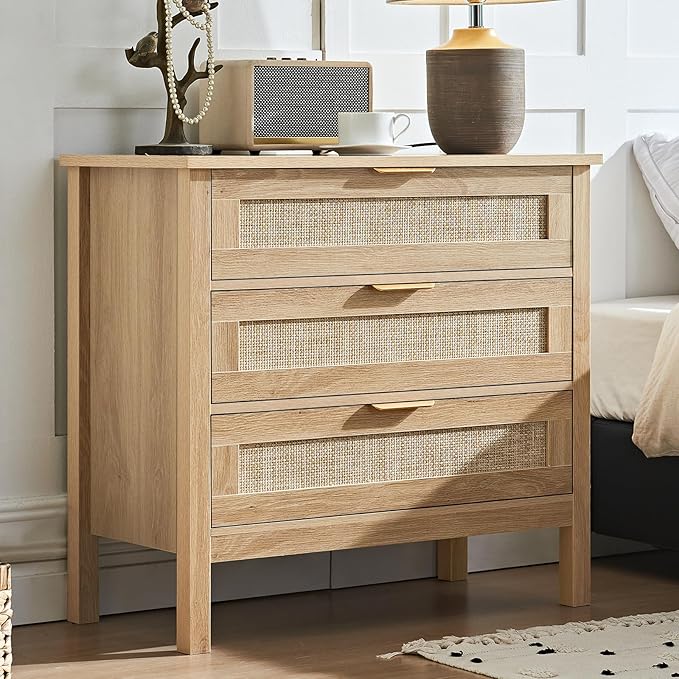 LEYAOYAO 31.5" Wide Rattan Night Stand, Large Boho Nightstand, Bedside Table with Storage, Tall Bed Side End Tables, Chest of Drawers for Bedroom, Living Room, Hallway（Natural,3 Drawers,2）