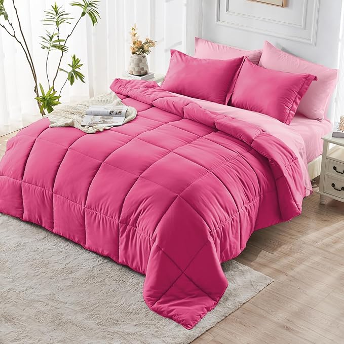 JOLLYVOGUE King Comforter Set, Ultra-Soft Bed in a Bag King Size 7 Pieces, Oeko-TEX Certified Bedding Set with Down Alternative Comforter, Sheets, Pillowcases & Shams, Hot Pink & Baby Pink