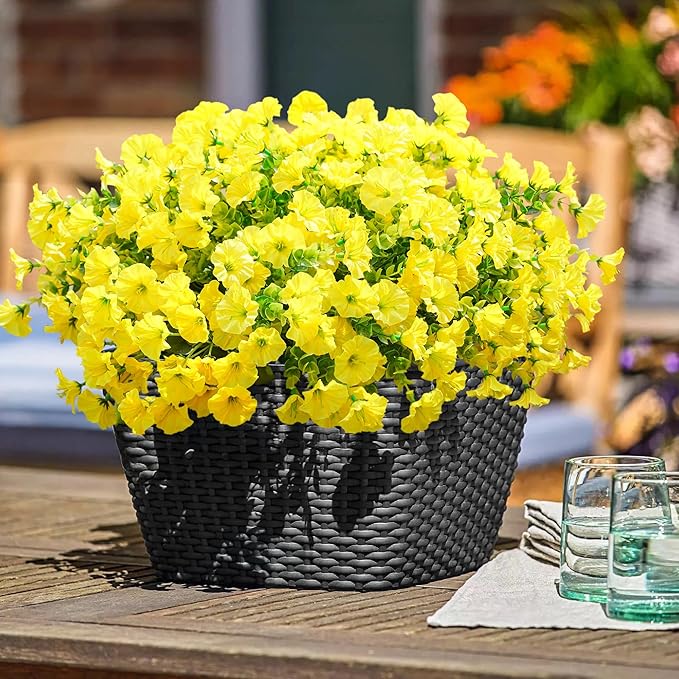 Artificial Flowers Fake Plants for Outdoors Decoration, 12 Bundles Yellow Silk Morning Glory with Eucalyptus Realistic UV Resistant Faux Flowers for Outside Planter Porch Yard Patio Garden Home Indoor