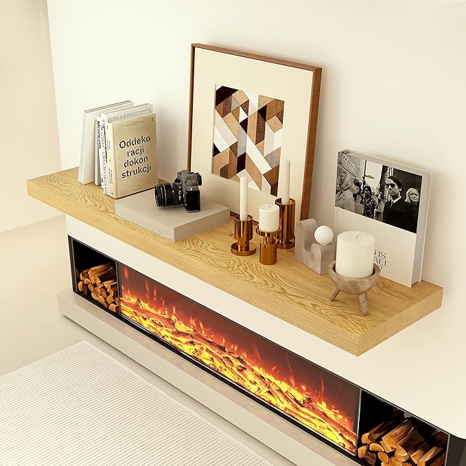 Heimlove 12 Inch Deep Floating Shelves, 55 x 12 inches Long Wall Shelf, Large Extra Display Shelf & Storage Shelf, Rustic Wood Wall Shelves for Fireplace Mantel, Set of 1(Oak)