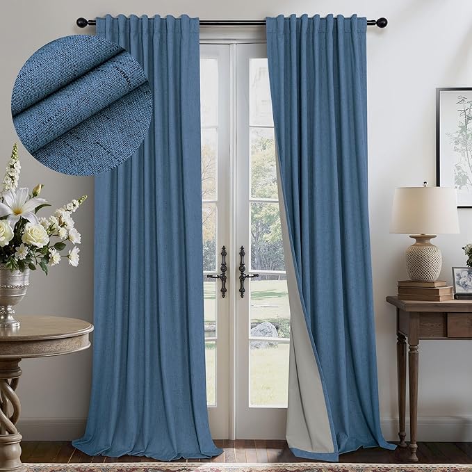 Denim Blue Blackout Curtains & Drapes 84 Inch Length 2 Panels Set Faux Linen 100% Black Out Room Darkening Soundproof Country Blue Curtains for Bedroom Living Room Back Tab Pocket 52x84 Long Drapes