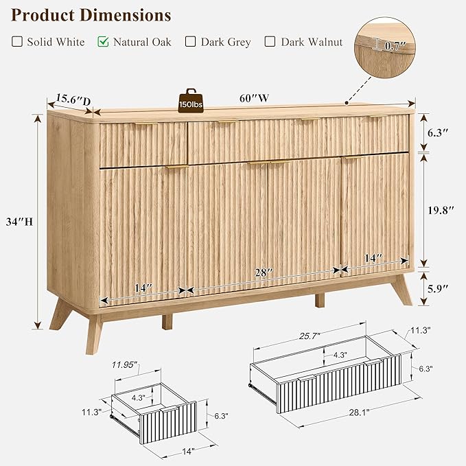 T4TREAM Large Buffet Sideboard Cabinet with Storages, 60" Fluted Modern Buffet Table Coffee Bar Wine Bar Storage Cabinet with 3 Drawers & 4 Doors for Dining Room, Living Room, Hallway(Natural Oak) | with Storages, Coffee Bar, Wine Bar, Storage Cabinet,...
