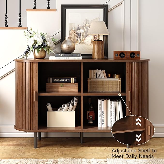 ONBRILL 48" Sideboard Buffet Cabinet with Storage, Storage Cabinet with Sliding Door & Adjustable Shelf, Modern Accent Coffee Bar Console Table for Kitchen, Entryway, Walnut