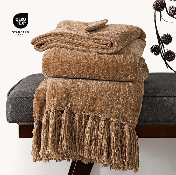 EVERGRACE Soft Chenille Throw Blanket for Couch, Cozy Plush Fuzzy Decorative Chenille Knit Throw Blanket with Tassels, Lightweight Blanket and Throws for Bed Sofa Gift Home Decor, Khaki 60"x80"