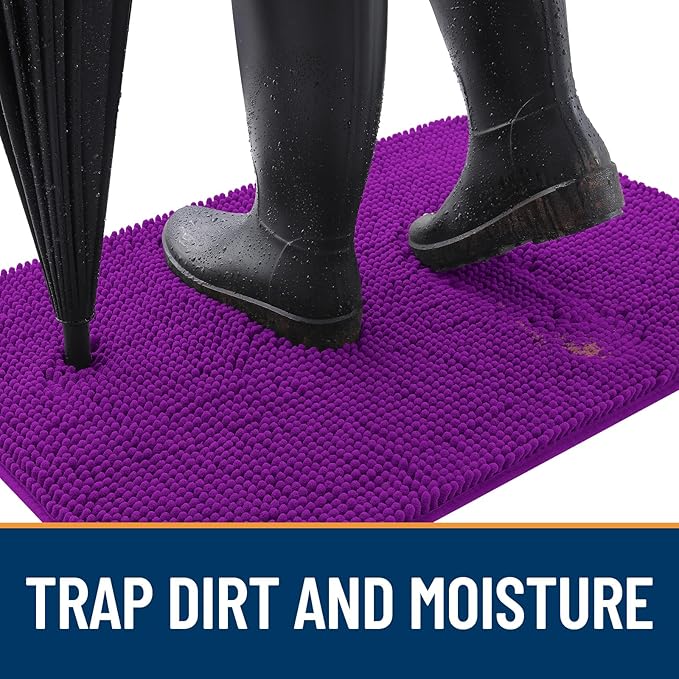 OLANLY Dog Door Mat for Muddy Paws 47x17, Absorbs Moisture and Dirt, Absorbent Non-Slip Washable Doormat, Quick Dry Chenille Mud Mat for Dogs, Entry Indoor Entryway Carpet for Inside Floor, Purple