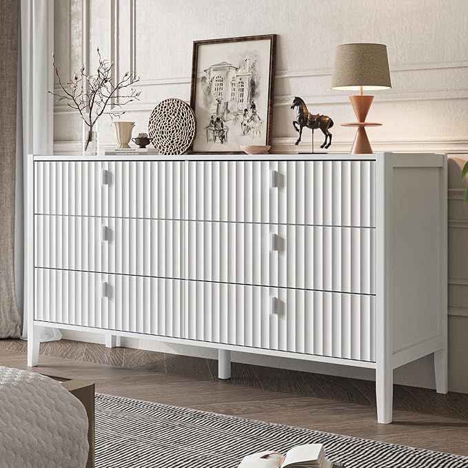 6 Drawer Dresser, Modern Chest of Drawers for Bedroom, Wood Fluted Dresser Organizer with Deep Drawers for Clothes, Nightstand for Bedroom, Hallway, Living Room, Entryway, White