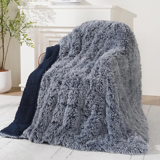 Wemore Shaggy Long Fur Faux Fur Weighted Blanket, Cozy and Plush Sherpa Long Hair Blanket for Adult 20lbs, Fluffy Fuzzy Sherpa Reverse Heavy Blanket for Bed, Couch, Backprint Navy Blue, 60 x 80 Inches